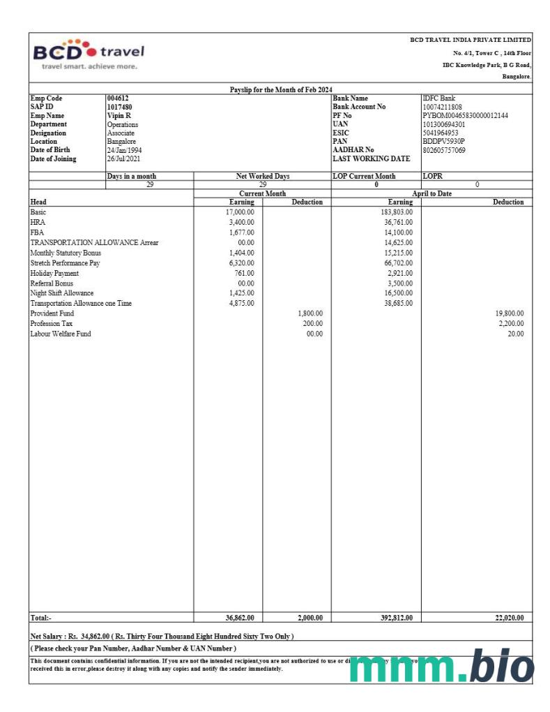 Szablon odcinka wypłaty BCD Travel India w formatach Word i PDF
